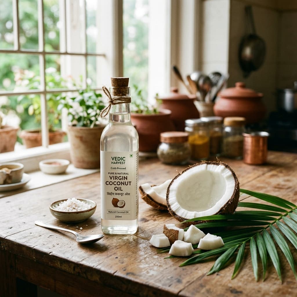 Arogya Oils Virgin Coconut Oil bottle with copra