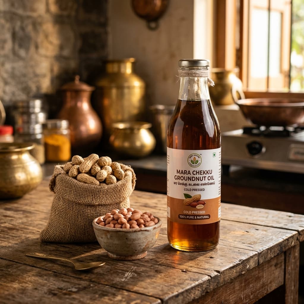 Arogya Oils Wood Pressed Groundnut Oil in traditional kitchen environment